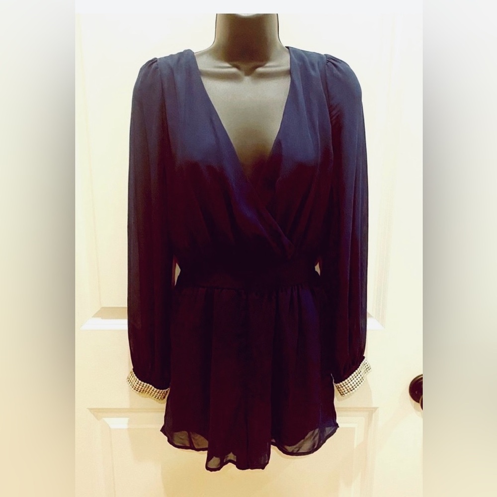 Bright navy Crystal Doll dressy romper w/rhineston